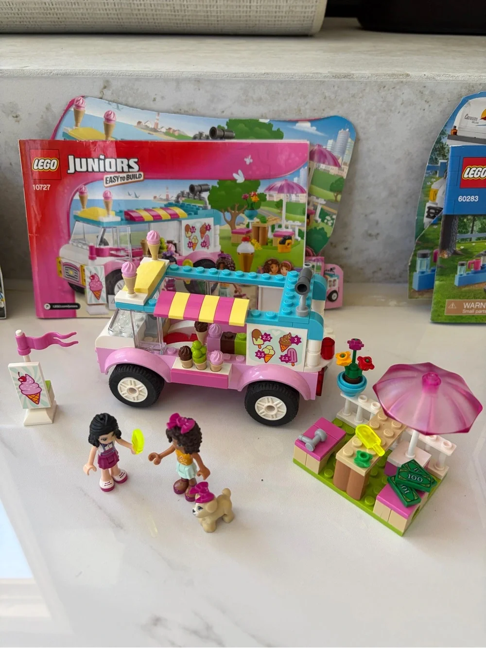 4 Lego Sets - Camper, Ice Cream Truck, Pizza Truck, Donut Stand